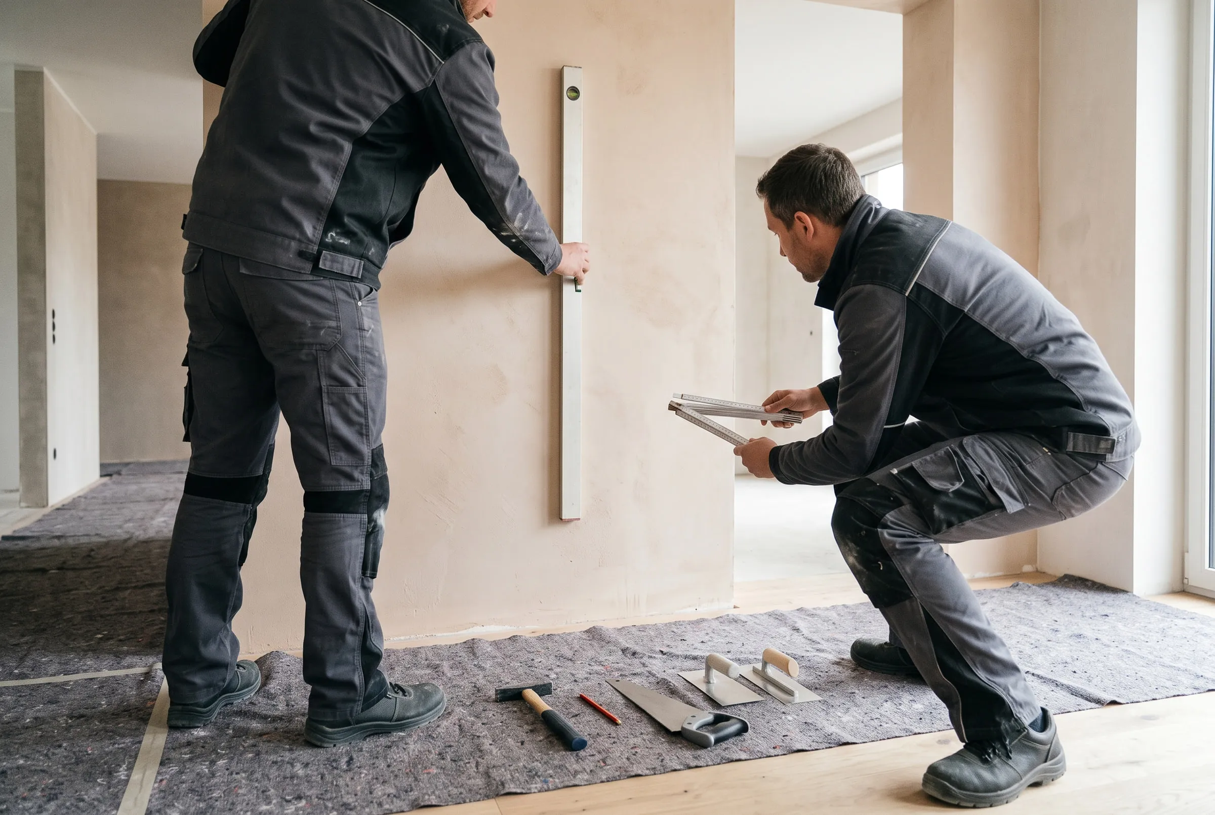 Zwei Handwerker bei der Arbeit in einem hellen, frisch renovierten Innenraum